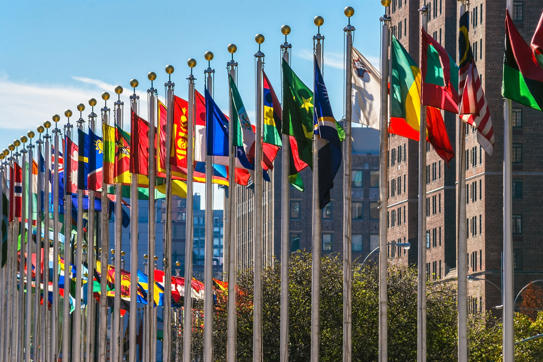 A line of flagpoles holding different country flags.